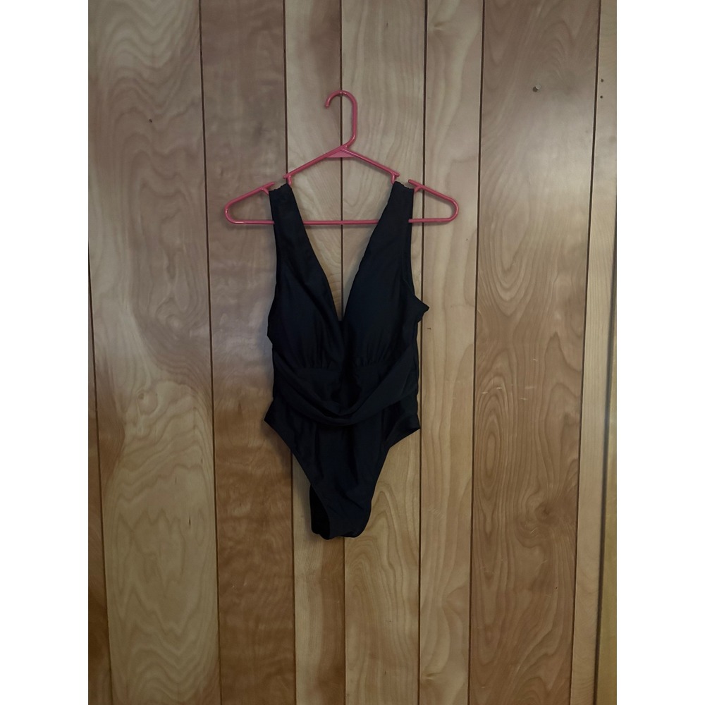 Black Deep V-Neck Ruched Wrap One Piece Swimsuit Bodysuit Large